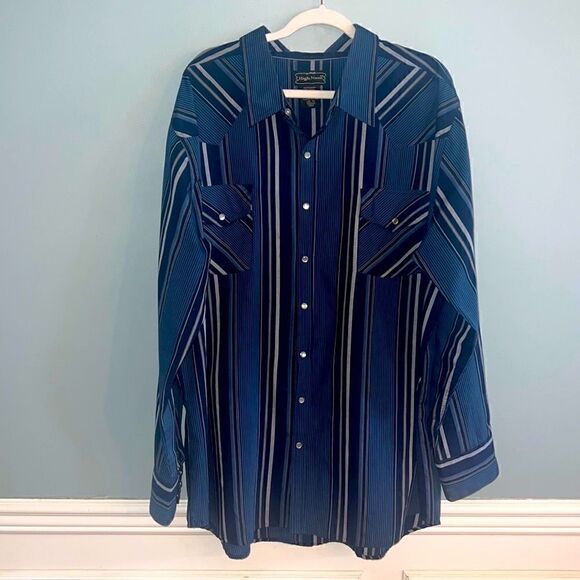 High Noon Rodeo Western Men’s navy blue Pearl snaps 2XL Tall button down shirt - Picture 2 of 14